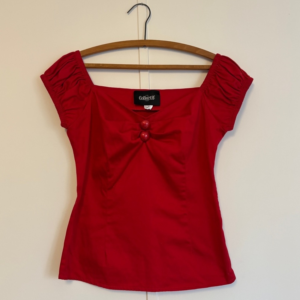 Collectif London 50’s Pinup Red Blouse with Button Accents